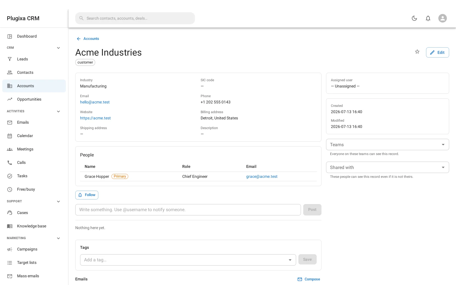 An account with its contacts and their roles, notes, files and activity stream