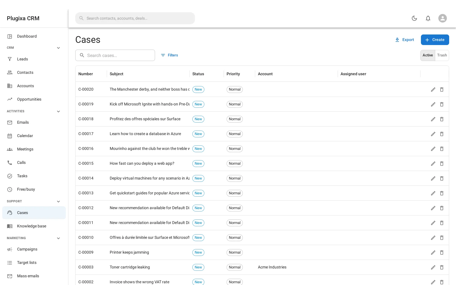 Support cases list with status, priority and type