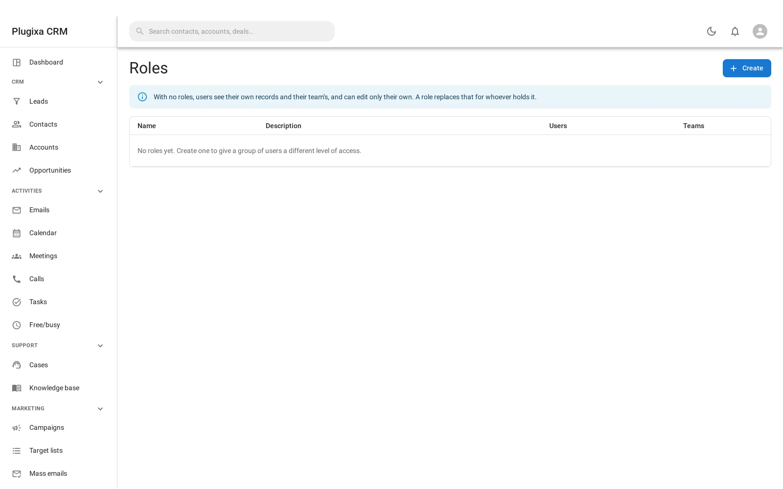 Role editor with all, team, own or none access per record type and action