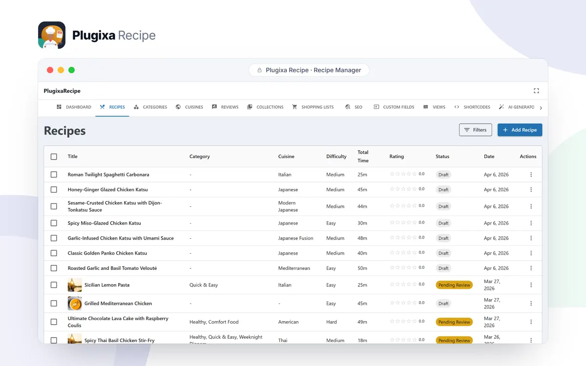 Recipe Manager screen in the WordPress admin