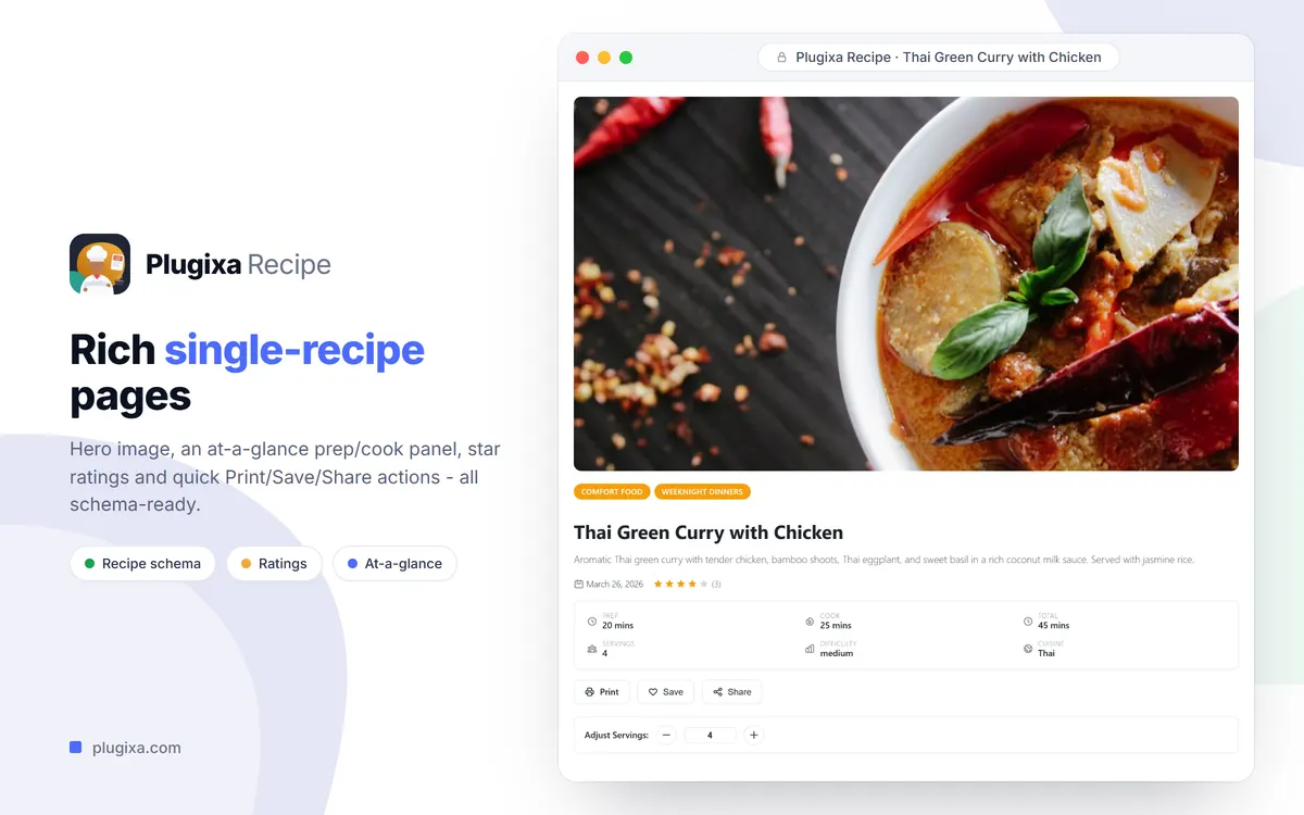 Single recipe page with times, rating, print, save and share